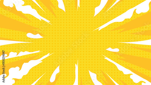 Yellow comic pop art background with dynamic radial burst, vibrant rays, and retro halftone style