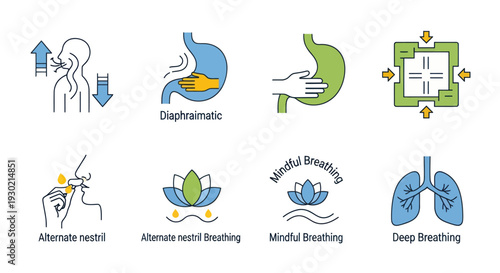 Collection of Breathing Exercise Icons: Diaphragmatic Alternate Nostril Mindful and Deep Breathing Techniques.