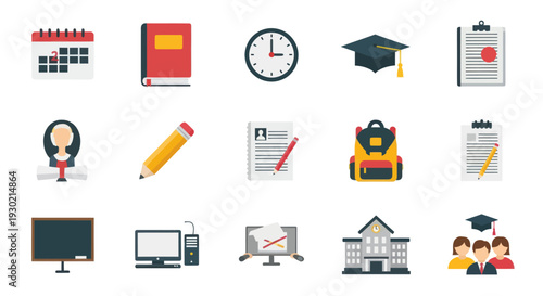 A collection of colorful flat design icons representing school university and educational concepts.