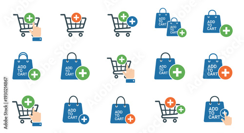 Colorful Add to Cart icon set with shopping carts bags and plus symbols for e-commerce websites.