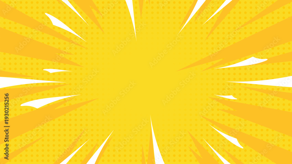 Fototapeta premium Yellow comic pop art background with dynamic radial burst, vibrant rays, and retro halftone style
