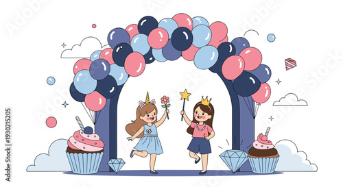 Two young girls celebrating a birthday under a colorful balloon arch with giant cupcakes and diamonds in a magical party setting.
