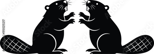Two standing beavers facing each other black silhouette illustration isolated on white background for wildlife design