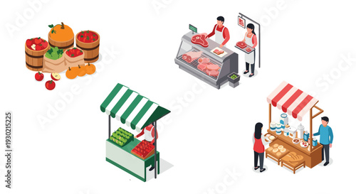 Diverse collection of market stalls including fruit stands, meat counters, and bakery shops featuring fresh food products for sale.