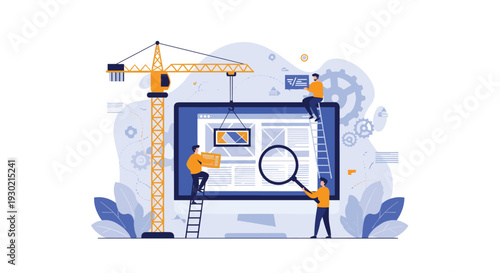 Web developers building a website interface on a large computer screen using a crane and tools to represent digital construction.