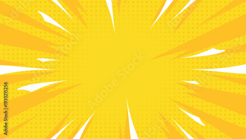 Yellow comic pop art background with dynamic radial burst, vibrant rays, and retro halftone style