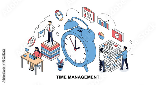 Concept of time management showing a giant alarm clock surrounded by people working on tasks and analyzing productivity charts.