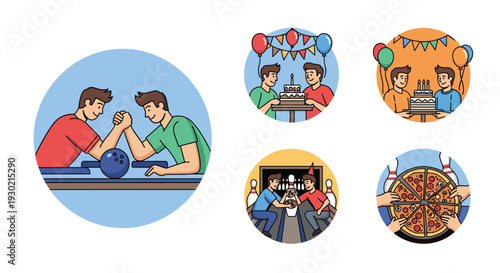 Collage of friends enjoying various activities together including arm wrestling, celebrating birthdays, playing bowling, and eating pizza.