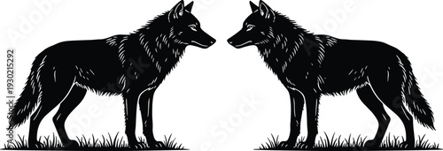 Two standing wolves facing each other, symmetrical black silhouette illustration on white background, wild animals, predator vector art