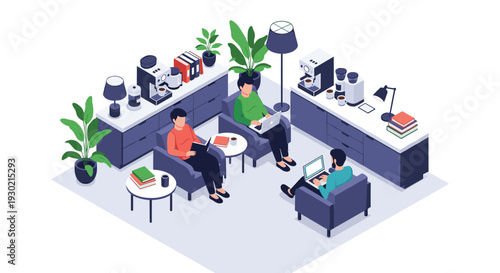 Group of professionals working on laptops and reading books in a comfortable modern coworking space with plants and coffee machines.