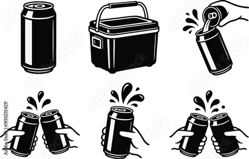 Beer can and cooler icon set illustration, beverage drinking celebration concept, black vector isolated background