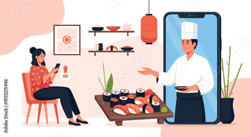 Online cooking class concept with a woman watching a sushi chef on her smartphone while a platter of sushi sits on the table.