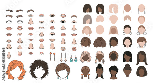 Large set of facial features and hairstyles for creating custom character avatars including eyes, noses, lips, and different hair types.