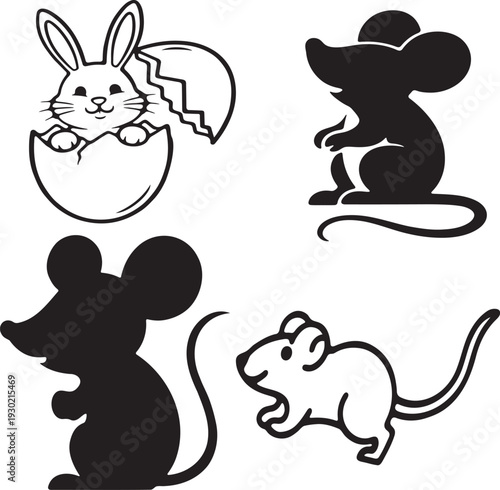 Cute rabbit in eggshell and mice silhouettes vector art