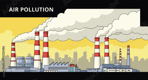 Environmental concept showing industrial air pollution with heavy smoke clouds coming from factory chimneys over a city skyline.