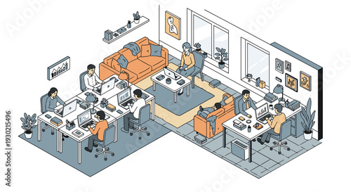 Modern open plan office interior with people working at desks and collaborating in lounge areas with various plants and decor.
