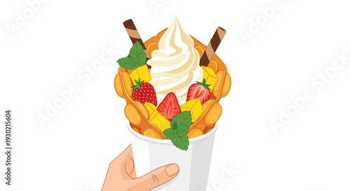 Hand holding a delicious bubble waffle cone filled with soft serve ice cream, fresh strawberries, mango, and chocolate sticks.