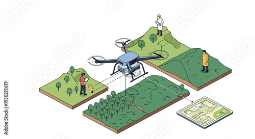Agricultural drone flying over a farm field and forest with people monitoring data on tablets for smart farming and conservation.
