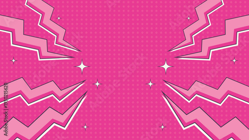 Pink comic pop art background with dynamic radial burst, lightning bolt accents, and retro halftone style.