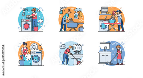Set of illustrations showing various household cleaning activities like laundry, ironing, washing dishes, and mopping floors.