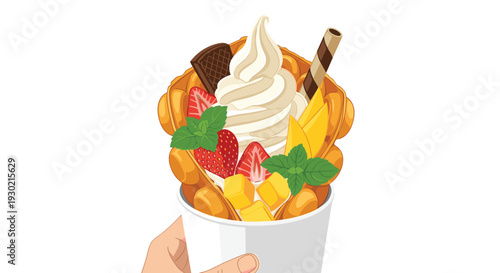 Close-up of a bubble waffle filled with vanilla soft serve ice cream, fresh strawberries, mango slices, and mint leaves for decoration.