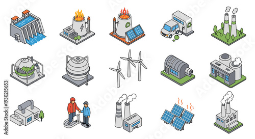 Set of isometric icons representing green energy and industrial facilities including wind turbines, solar panels, and dams for sustainability.