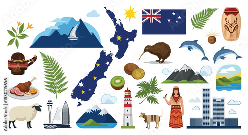 Wide collection of icons and symbols from New Zealand culture and nature including the kiwi bird, sheep, mountains, and sea.