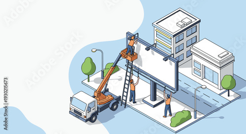 Workers using a crane and ladders to install a large blank billboard next to a city building in an urban environment.