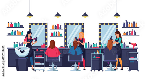 Busy hair salon interior with multiple stylists working on clients' hair using various professional tools and products for beauty care.