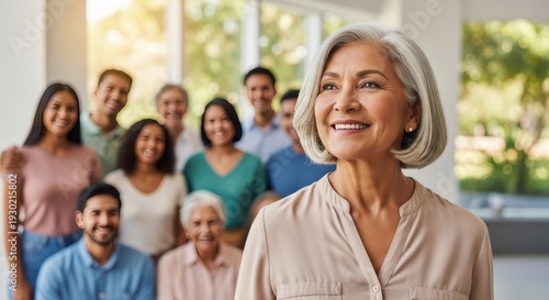 Smiling mature woman leads her diverse multigenerational family in a warm indoor gathering.