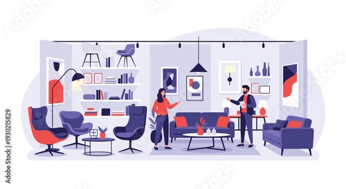 Modern furniture showroom interior where a man and woman are discussing home design surrounded by sofas armchairs and bookshelves.