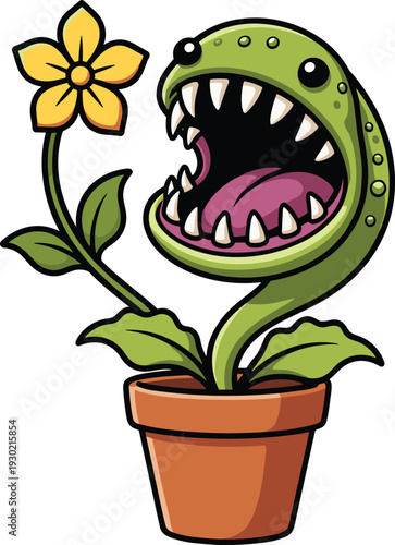 Cute carnivorous plant cartoon illustration, funny monster flower in pot, fantasy character vector isolated