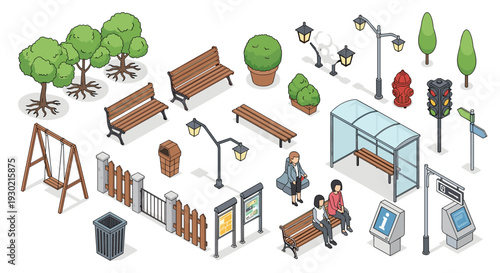 Isometric urban street furniture collection including park benches bus stop trash can fire hydrant and people sitting on a bench.