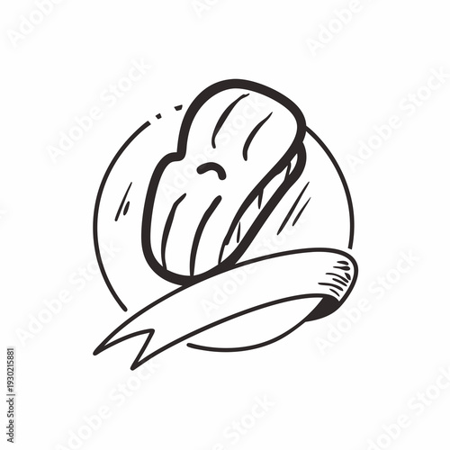 Hand drawn steak icon with ribbon banner and circle frame