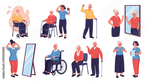 Healthcare collection for elderly people showing seniors using walkers and wheelchairs and getting assistance from medical professionals.