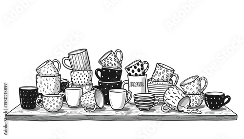 Stacked Dirty Dishes and Cups on Shelf Hand Drawn Illustration