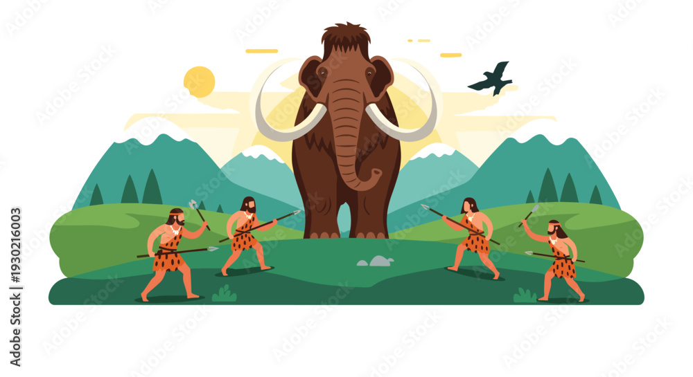 Fototapeta premium Prehistoric hunting scene with cavemen holding spears surrounding a massive woolly mammoth in a mountain landscape with green fields.