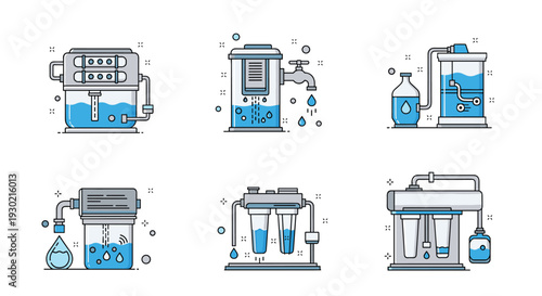 Collection of clean water filtration systems and icons showing various methods of domestic water purification and treatment processes.
