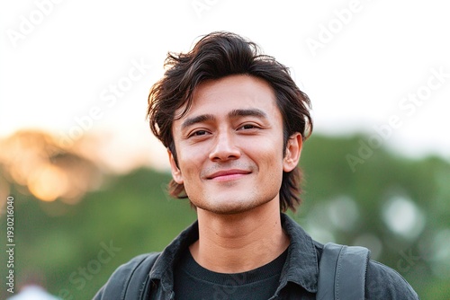 A young man smiling outdoors during a beautiful sunset