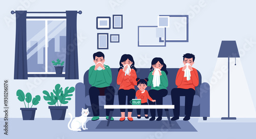 Sick family members sitting together on a living room sofa sneezing and using paper tissues during a flu or cold season at home.