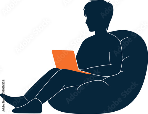 Silhouette of Person Sitting on Beanbag with Laptop Keywords: person, silhouette, beanbag, chair