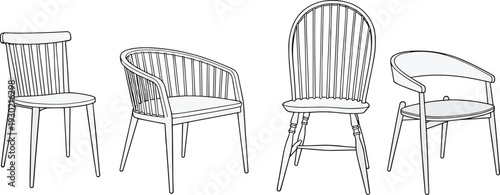 Four wooden spindle back chairs illustration, modern and classic furniture design, minimalist line art isolated background