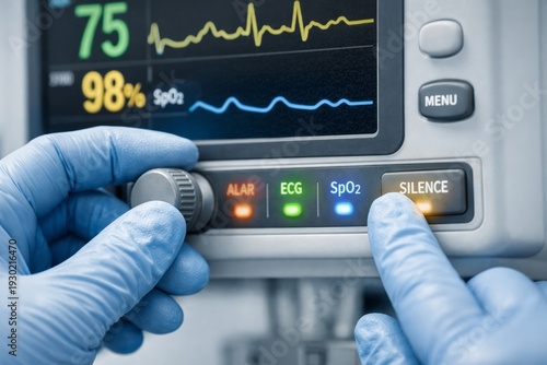 Wallpaper Mural Medical Hands Working. Hands In Gloves Operate Monitor Amid Critical Care Procedures. Precisely Adjusting Equipment With Gloved Hands During Highpressure Medical Intervention Torontodigital.ca