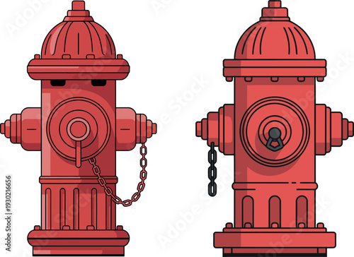 Two Red Fire Hydrants Side by Side Keywords: fire hydrant, red, water, emergency, safety