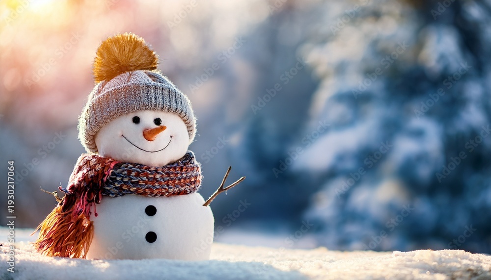 Obraz premium Cute Snowman In A Hat And Knitted Scarf Winter Background With Copy Space