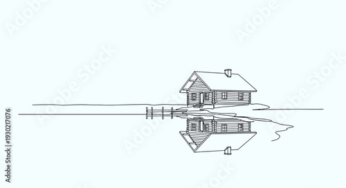 Minimalist sketch of a log cabin reflected in calm water, serene landscape.