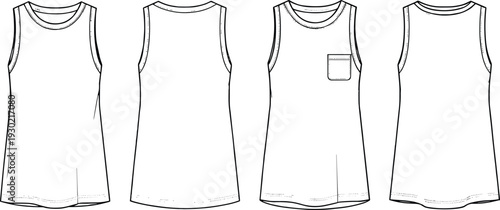 Men's sleeveless tank top CAD drawing, flat vector illustration of front and back views, apparel technical fashion template design isolated