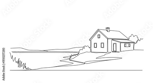 Minimalist Line Drawing of a House by a Lake with Rolling Hills