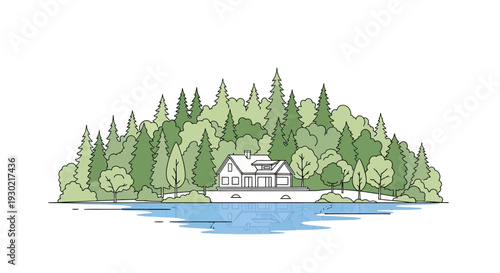 Modern House on Lake Shore Surrounded by Lush Green Forest, Serene Nature Landscape