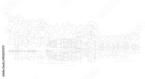 Modern House by Lake, Nature Landscape, Architectural Design, Reflection in Water, Trees
